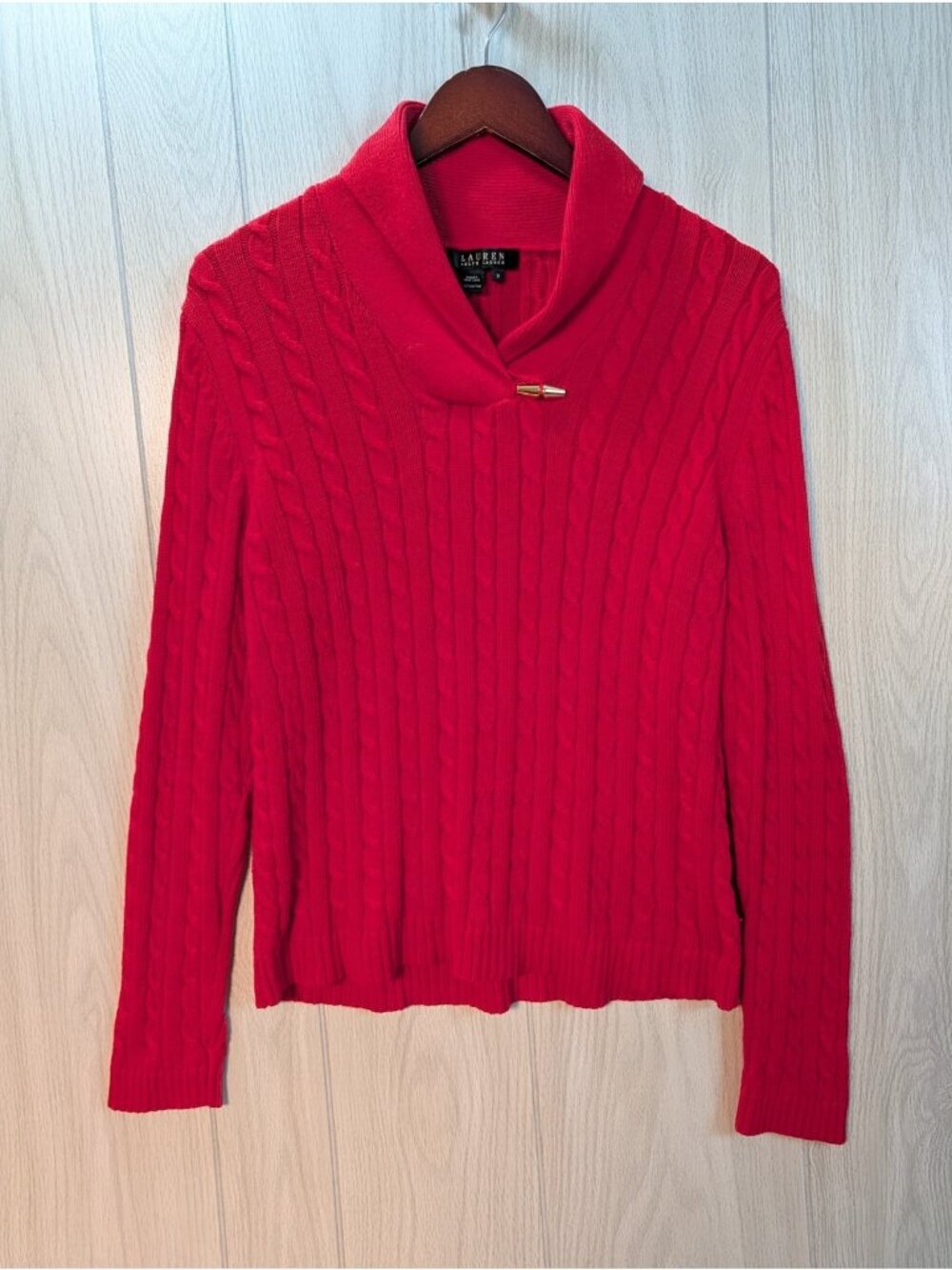 Lauren Ralph Lauren Womens Shawl Neck Knit Toggle Sweater Red Cotton Medium